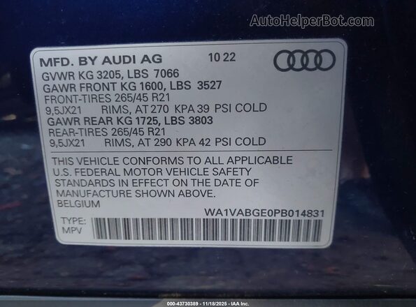 WA1VABGE0PB014831 2023 AUDI E-TRON Blue Շարժիչի բաժամունքի տեսք