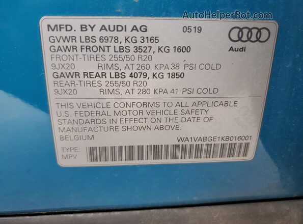 WA1VABGE1KB016001 2019 AUDI E-TRON Синий Вид наклейки с VIN-кодом