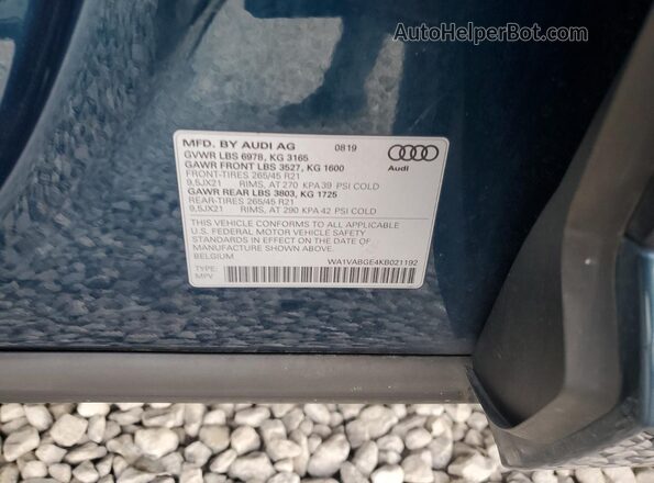 WA1VABGE4KB021192 2019 AUDI E-TRON Blue სალონის 360-გრადუსიანი ხედი
