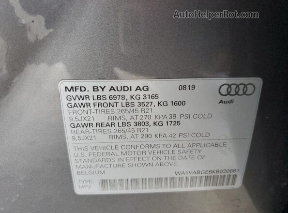 WA1VABGE8KB020661 2019 AUDI E-TRON Gray ძრავის განყოფილების ხედი