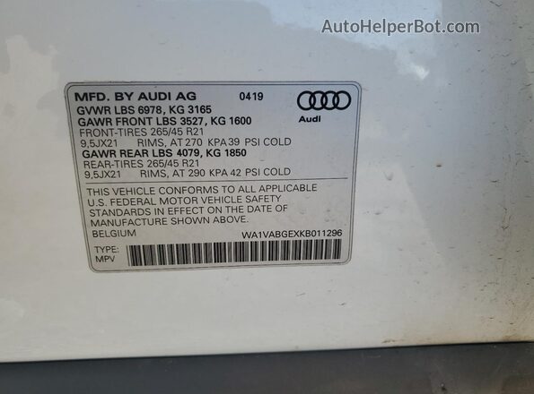 WA1VABGEXKB011296 2019 AUDI E-TRON White VIN sticker view