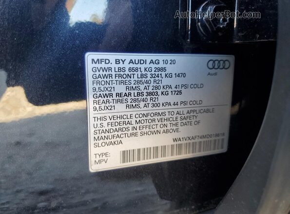 WA1VXAF74MD018618 2021 AUDI Q7 Черный Вид наклейки с VIN-кодом