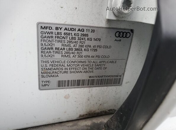 WA1VXAF7XMD020616 2021 AUDI Q7 White Вид наклейки з VIN-кодом
