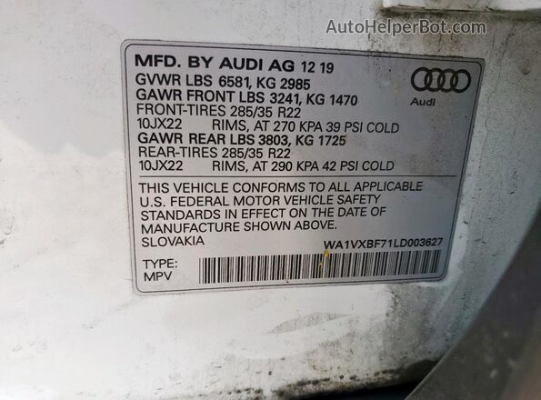 WA1VXBF71LD003627 2020 AUDI Q7 White Vista interior de 360 grados