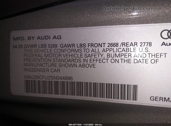 WAU2BCFU2SN044695 2025 AUDI ALL Gray Widok komory silnika