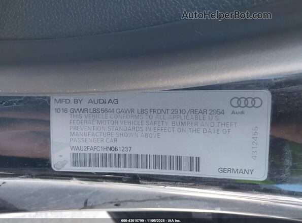 WAU2FAFC1HN061237 2017 AUDI S7 Black Вид підкапотного простору