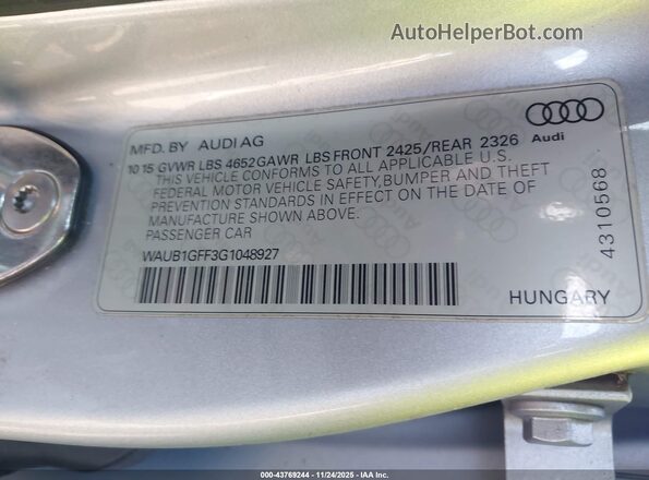 WAUB1GFF3G1048927 2016 AUDI S3 Silver ძრავის განყოფილების ხედი
