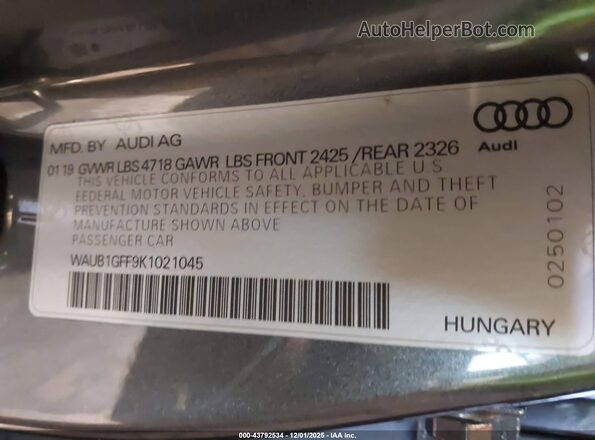 WAUB1GFF9K1021045 2019 AUDI S3 Gray Շարժիչի բաժամունքի տեսք