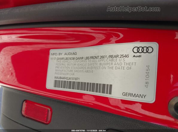 WAUB4AF42JA101871 2018 AUDI S4 Red Շարժիչի բաժամունքի տեսք