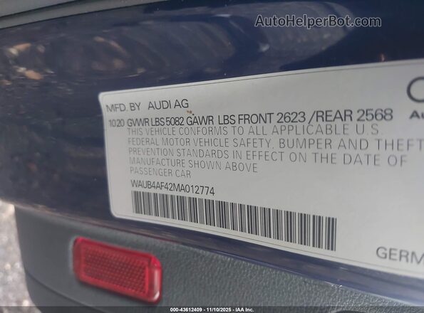 WAUB4AF42MA012774 2021 AUDI S4 Blue Widok komory silnika