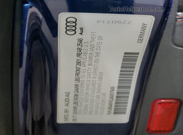 WAUB4AF43JA007949 2018 AUDI S4 Синий 