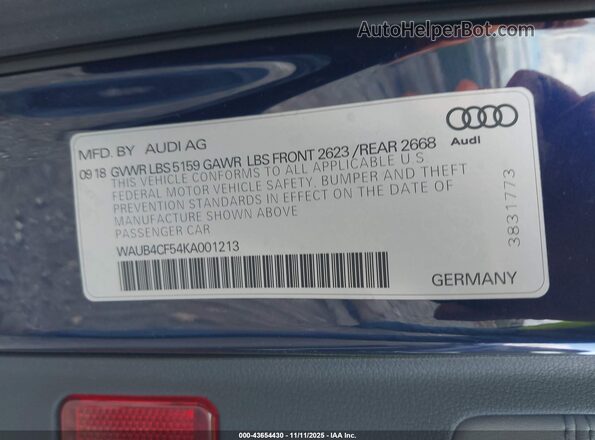 WAUB4CF54KA001213 2019 AUDI S5 Blue Вид підкапотного простору