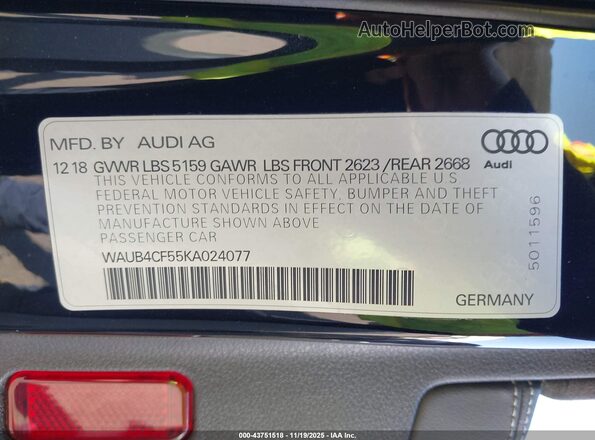 WAUB4CF55KA024077 2019 AUDI S5 Black 