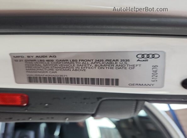 WAUBBAF40NA023571 2022 AUDI OTHER White Widok komory silnika