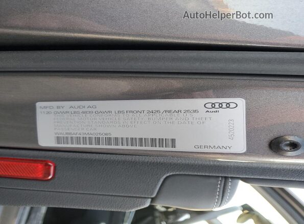 WAUBBAF43MA025085 2021 AUDI OTHER Gray Vista del compartimento del motor