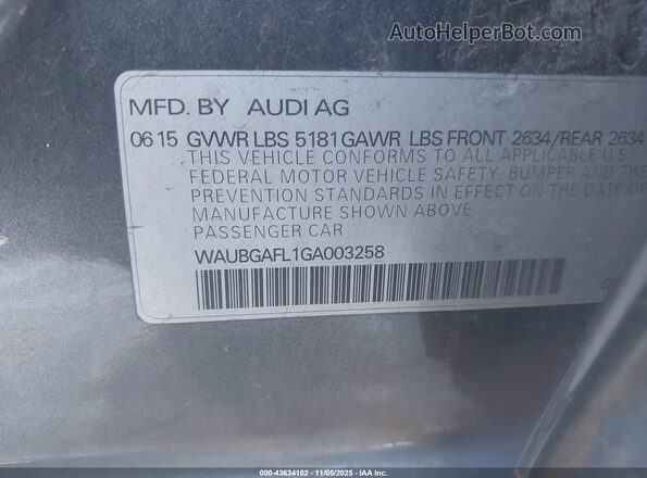 WAUBGAFL1GA003258 2016 AUDI S4 Black ძრავის განყოფილების ხედი