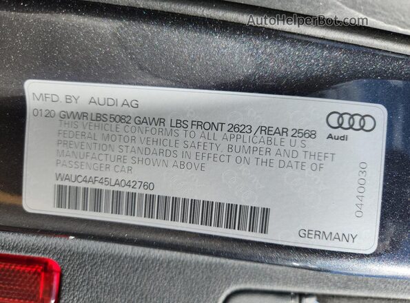 WAUC4AF45LA042760 2020 AUDI S4 Gray VIN կոդի պիտակի տեսք