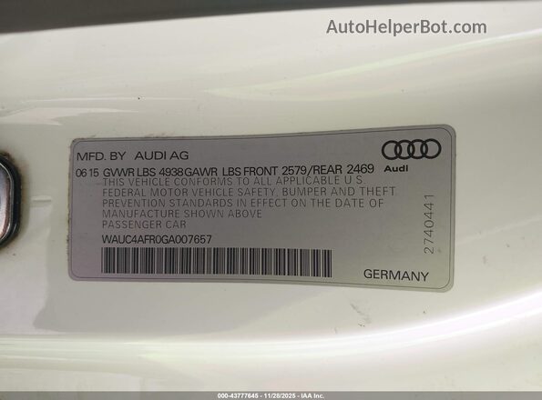 WAUC4AFR0GA007657 2016 AUDI S5 White Widok komory silnika