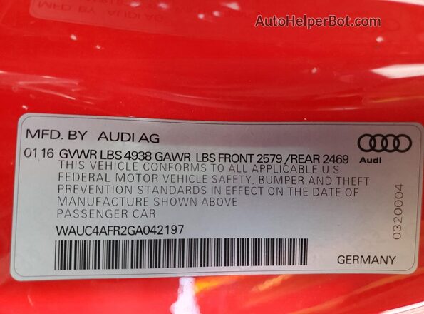 WAUC4AFR2GA042197 2016 AUDI S5 Red Widok komory silnika
