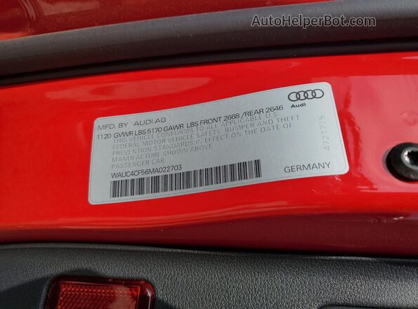 WAUC4CF56MA022703 2021 AUDI S5 Red Вид підкапотного простору