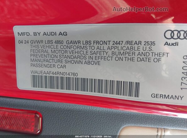 WAUEAAF44RN014760 2024 AUDI OTHER Red Շարժիչի բաժամունքի տեսք