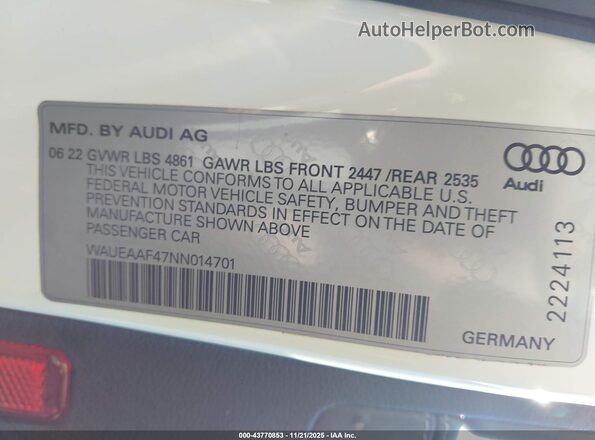 WAUEAAF47NN014701 2022 AUDI OTHER White Շարժիչի բաժամունքի տեսք
