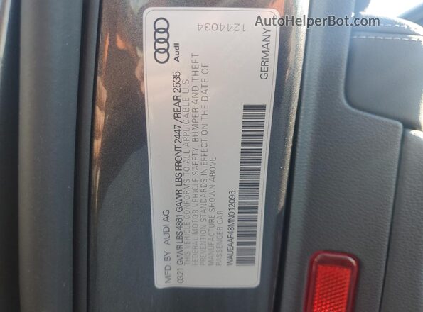 WAUEAAF48MN012096 2021 AUDI OTHER Gray Widok naklejki z numerem VIN