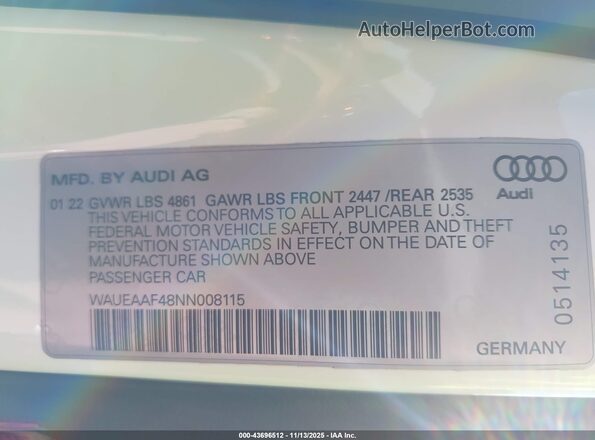 WAUEAAF48NN008115 2022 AUDI OTHER White Շարժիչի բաժամունքի տեսք