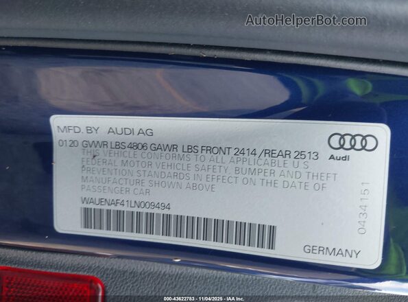 WAUENAF41LN009494 2020 AUDI OTHER Blue ძრავის განყოფილების ხედი
