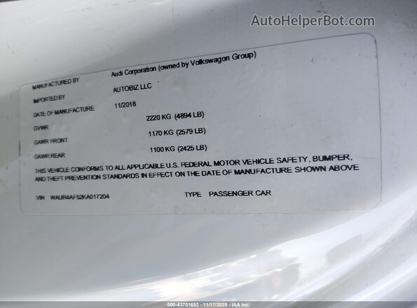 WAUR4AF52KA017204 2019 AUDI S5 White ძრავის განყოფილების ხედი