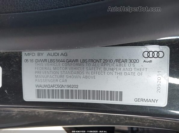 WAUW2AFC5GN196202 2016 AUDI S7 Gray 