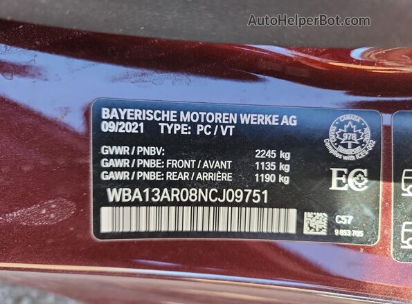 WBA13AR08NCJ09751 2022 BMW M4 Maroon Vista de la etiqueta del VIN