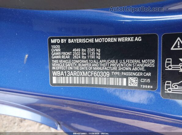 WBA13AR0XMCF60309 2021 BMW M4 Blue Widok komory silnika