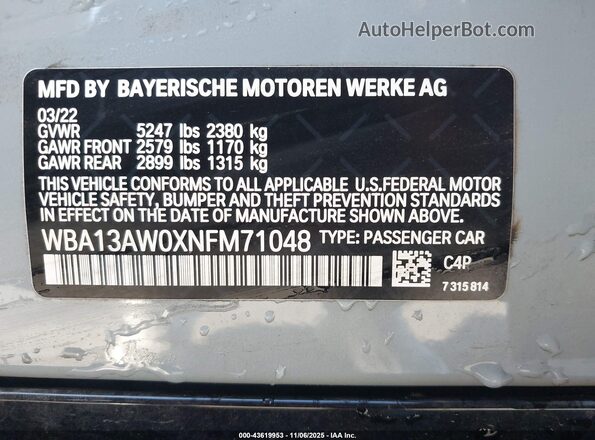 WBA13AW0XNFM71048 2022 BMW OTHER Gray Engine compartment view