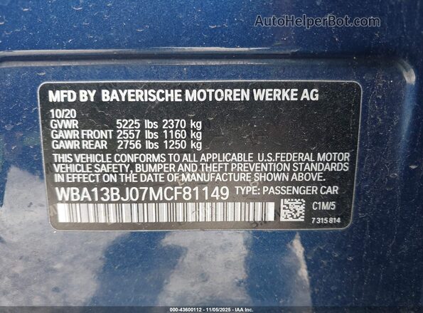 WBA13BJ07MCF81149 2021 BMW 5 SERIES Blue Շարժիչի բաժամունքի տեսք