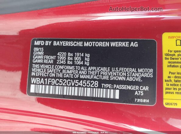 WBA1F9C52GV545528 2016 BMW 2 SERIES Red Vista del compartimento del motor