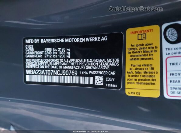 WBA23AT07NCJ90769 2022 BMW 4 SERIES Серый Вид подкапотного пространства
