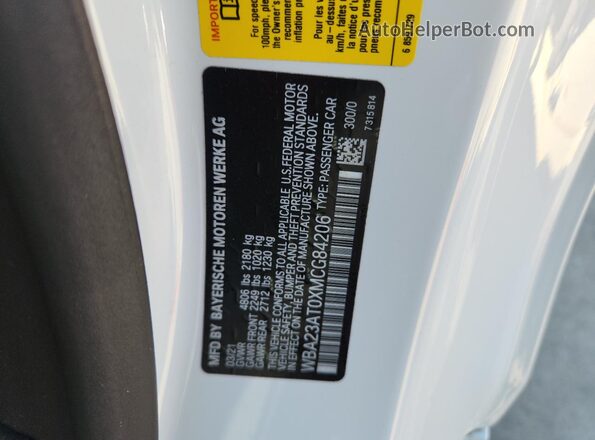 WBA23AT0XMCG84206 2021 BMW 4 SERIES White VIN კოდის სტიკერის ხედი
