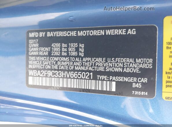 WBA2F9C33HV665021 2017 BMW 2 SERIES Blue Engine compartment view