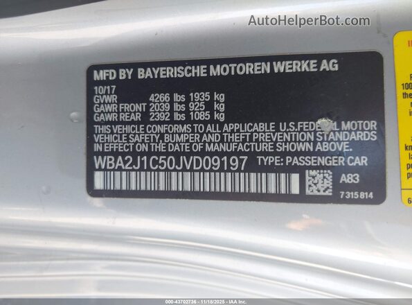 WBA2J1C50JVD09197 2018 BMW 2 SERIES Серебряный Вид подкапотного пространства