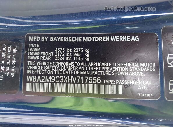 WBA2M9C3XHV717556 2017 BMW 2 SERIES Blue ძრავის განყოფილების ხედი