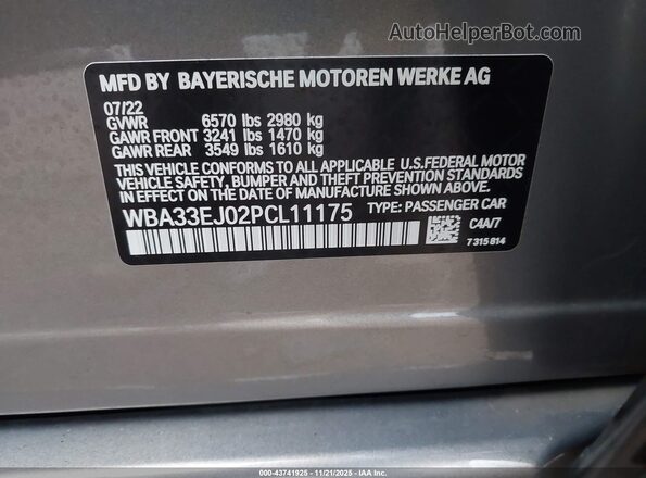 WBA33EJ02PCL11175 2023 BMW 7 SERIES Серый 