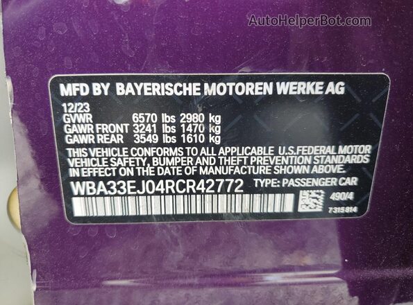 WBA33EJ04RCR42772 2024 BMW 7 SERIES Фиолетовый Вид наклейки с VIN-кодом