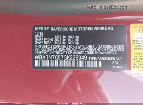 WBA3N7C57GK226949 2016 BMW 4 SERIES Red Vista del compartimento del motor