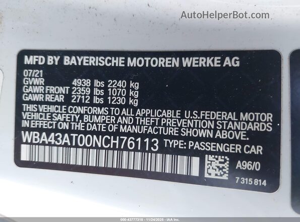 WBA43AT00NCH76113 2022 BMW 4 SERIES White ძრავის განყოფილების ხედი