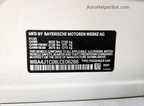 WBA4J1C08LCE06286 2020 BMW 4 SERIES White VIN կոդի պիտակի տեսք