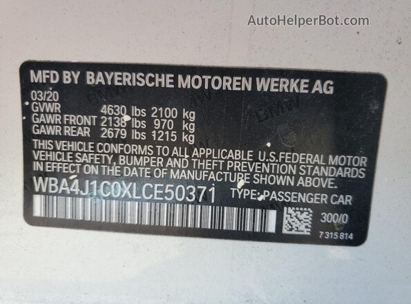 WBA4J1C0XLCE50371 2020 BMW 4 SERIES White Engine compartment view