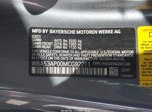 WBA53AP00MCG92211 2021 BMW 4 SERIES Gray Vista del compartimento del motor