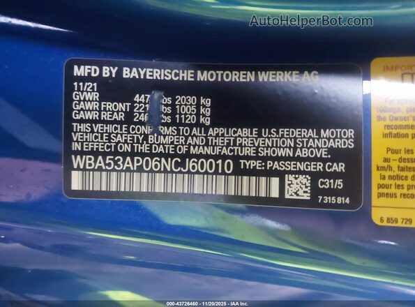WBA53AP06NCJ60010 2022 BMW 4 SERIES Blue Widok komory silnika