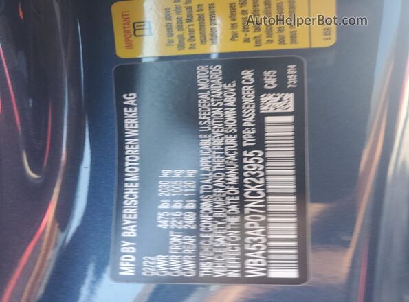 WBA53AP07NCK23955 2022 BMW 4 SERIES Blue Widok komory silnika